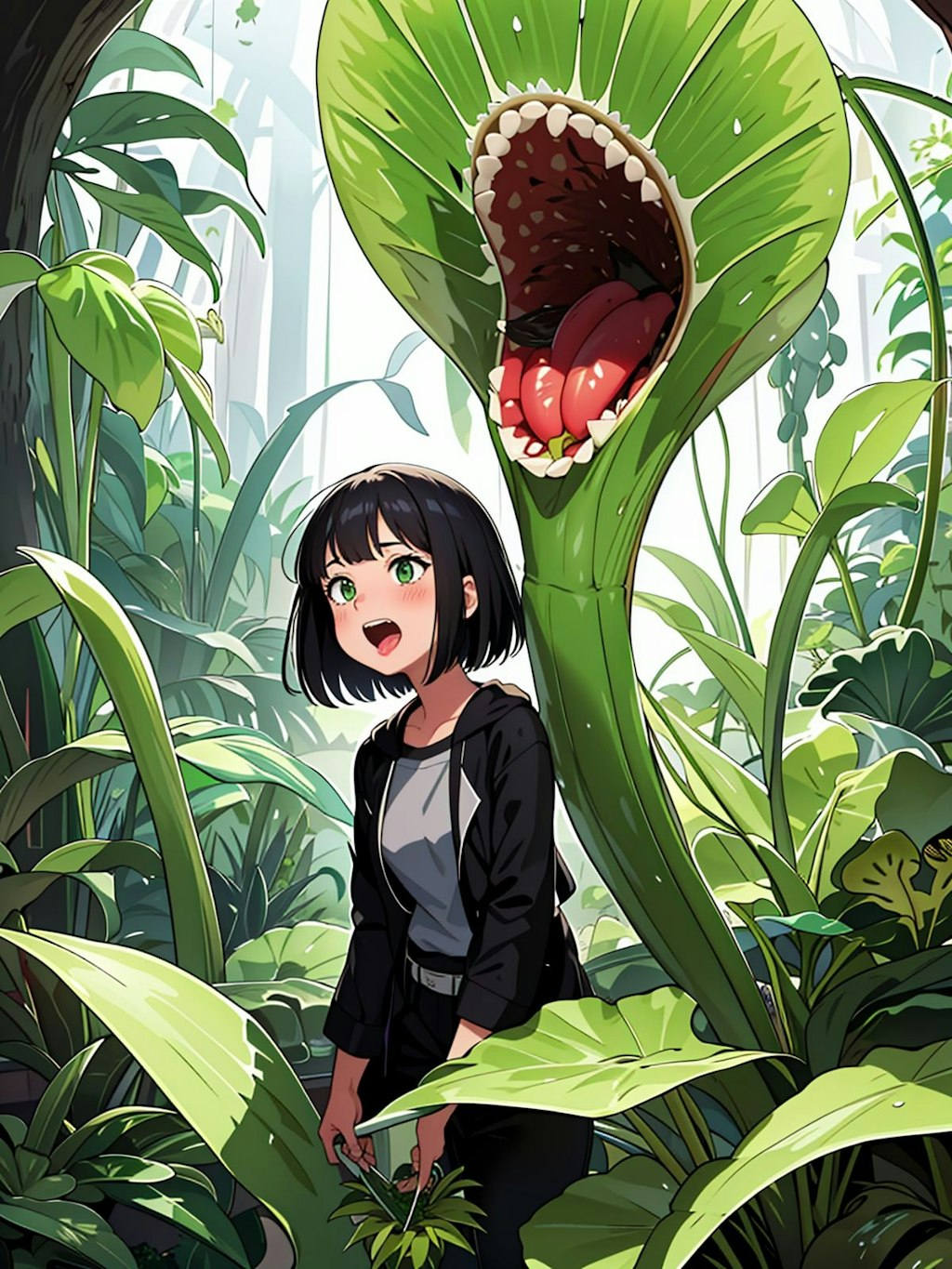 食人植物に背後を取られる女の子