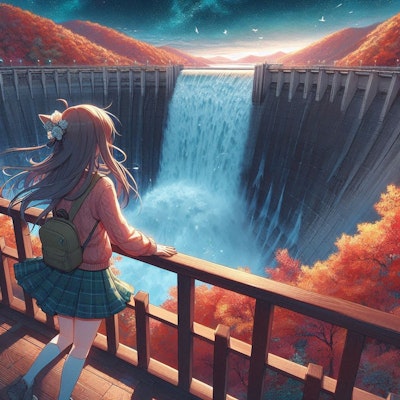 ダムの放水を眺める女の子