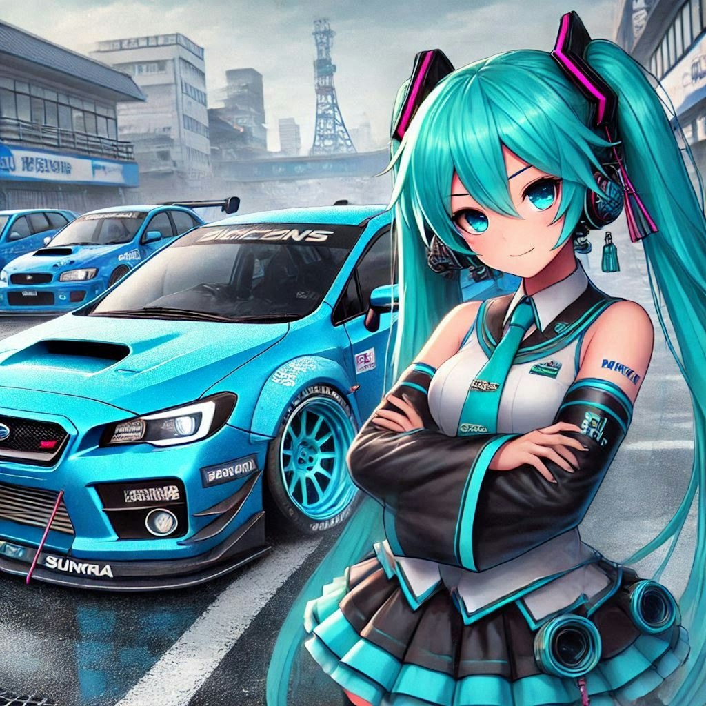 初音ミクキャラとブルーメタリックスバルWRXのドリ車