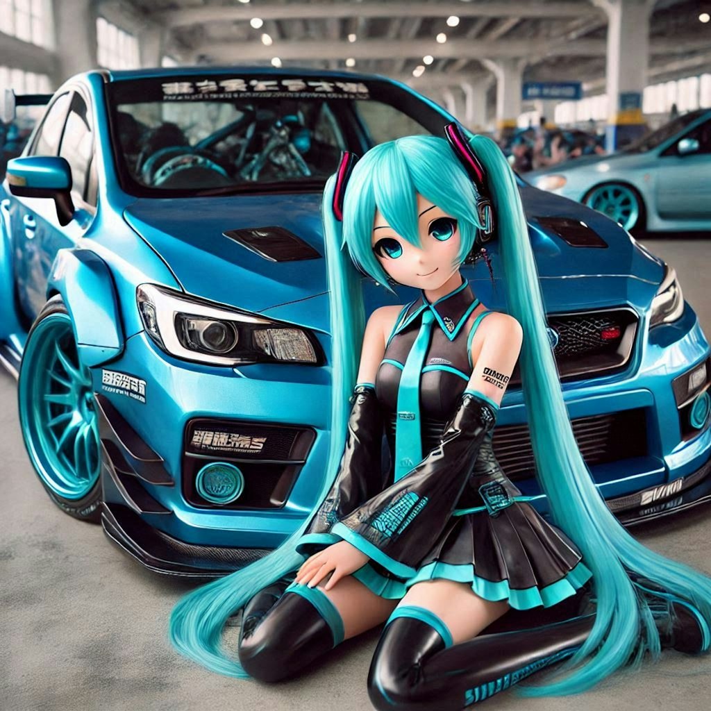 初音ミクキャラとブルーメタリックスバルWRXのドリ車