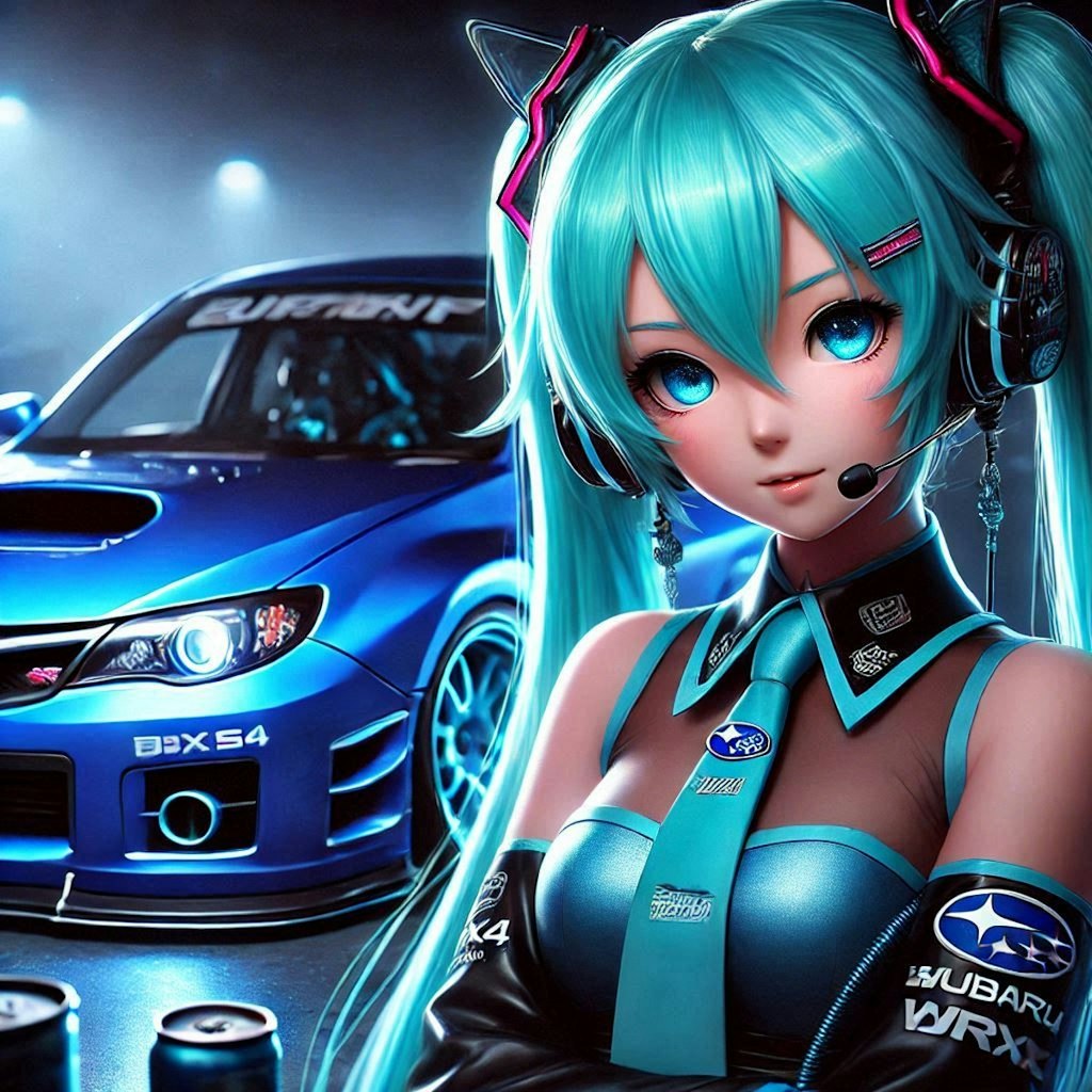 初音ミクキャラとブルーメタリックスバルWRXのドリ車