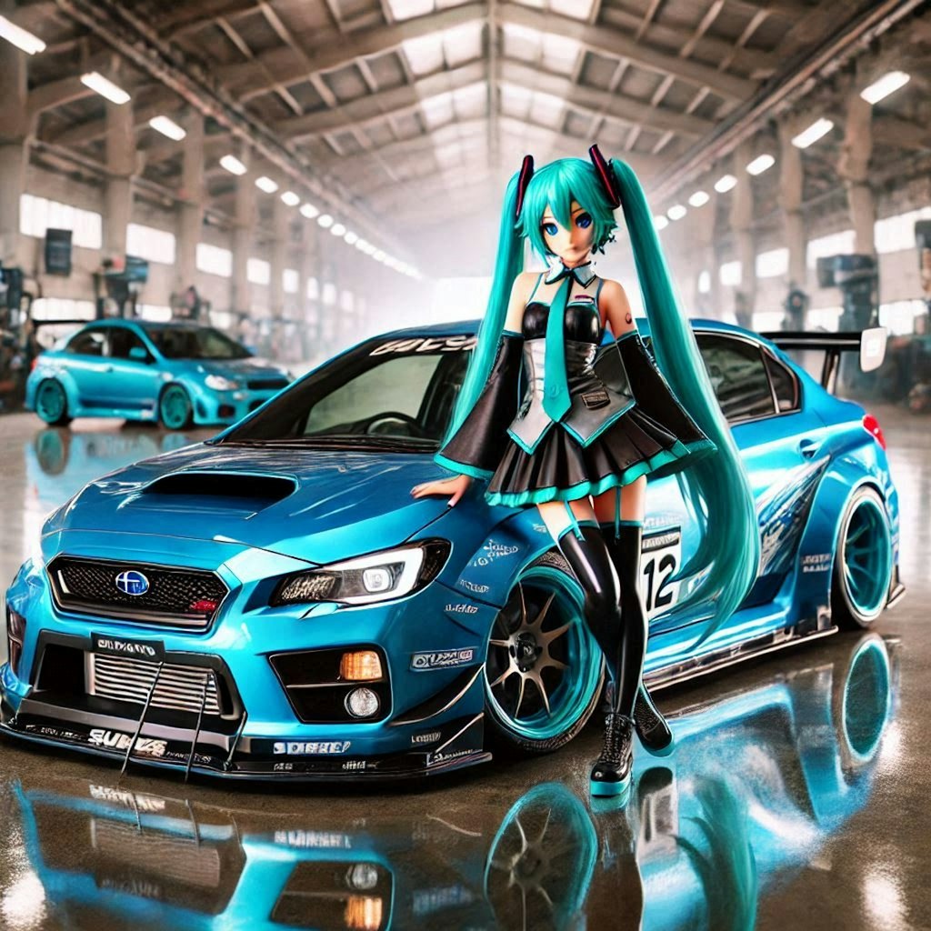 初音ミクキャラとブルーメタリックスバルWRXのドリ車