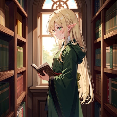図書館で調べもの中のエルフ魔女