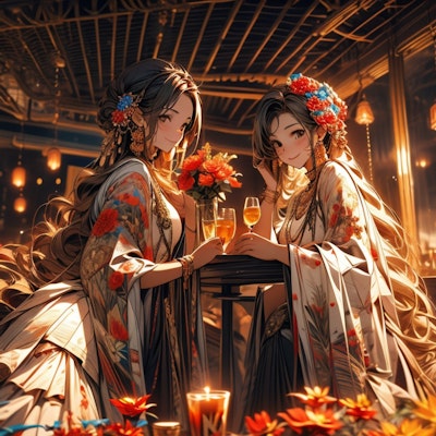 Two beautiful girls in autumn night