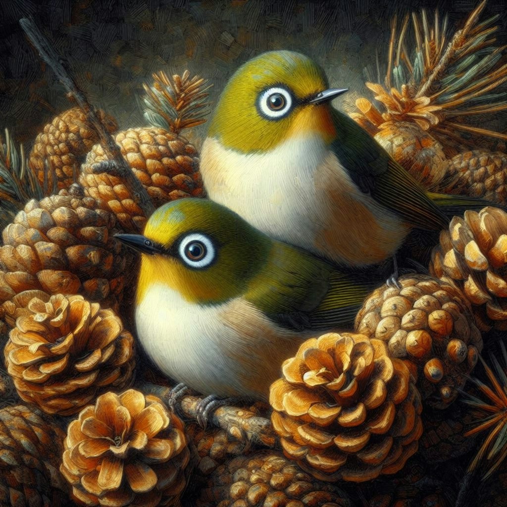 White-eyes in pinecones