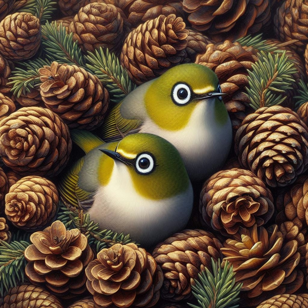 White-eyes in pinecones