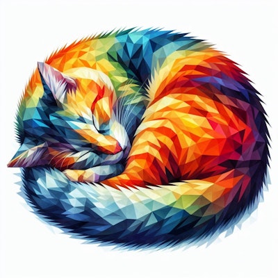 体をまるくして寝ているカラフルな猫のローポリゴンの水彩