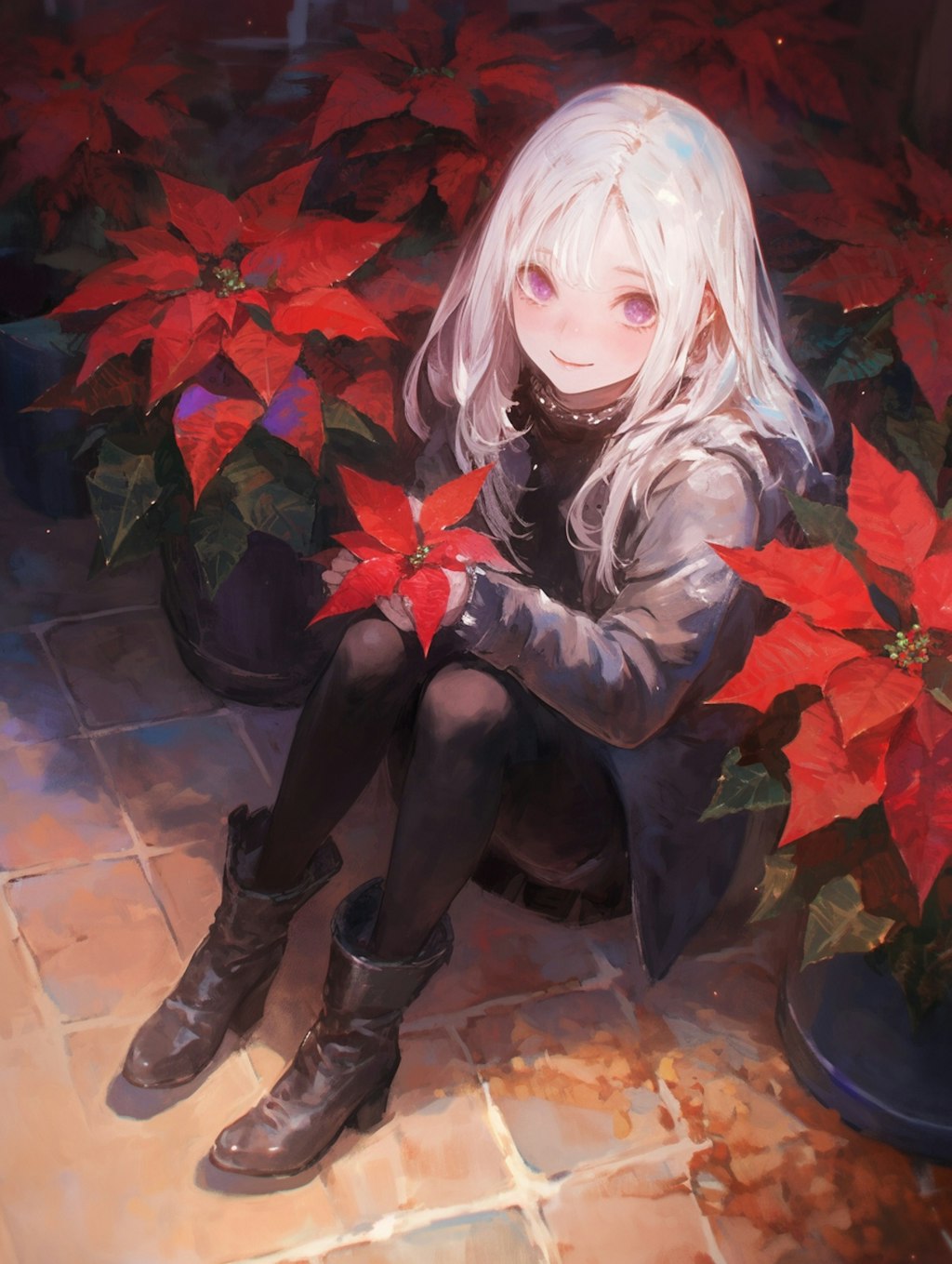 ポインセチアのお花と女の子 Poinsettia flowers and girls