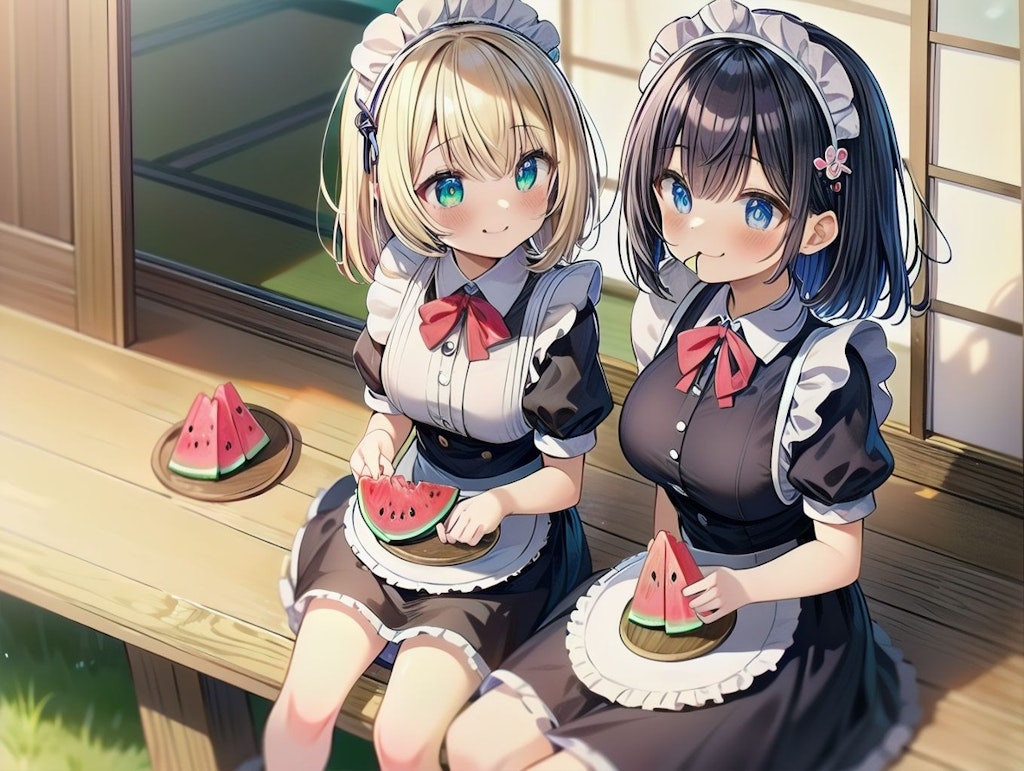 スイカを食べるメイドさん