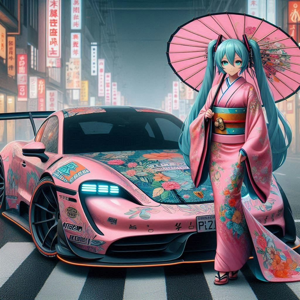 ポルシェタイカンのドリ車と着物姿初音ミク