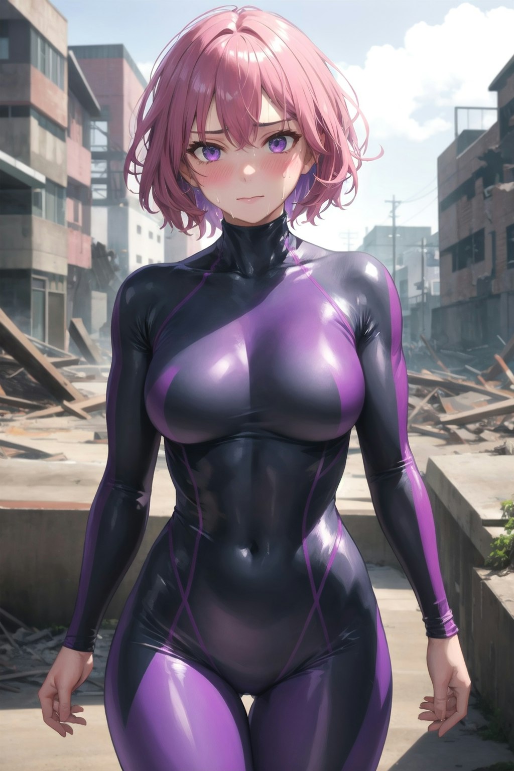 Skintight purple boobs suit