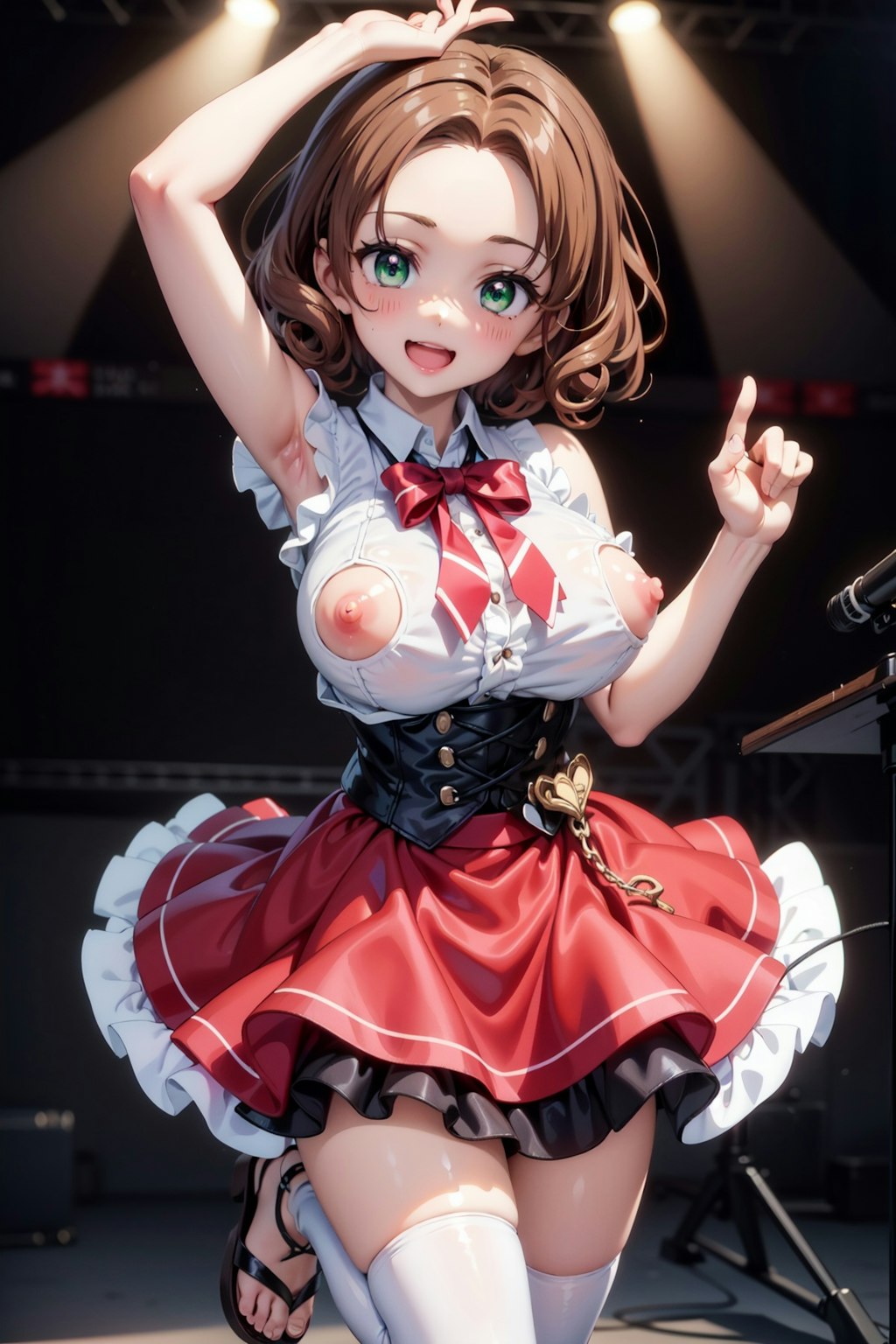 デコ出し茶髪娘がアイドルっぽい衣装でいろいろポロリ