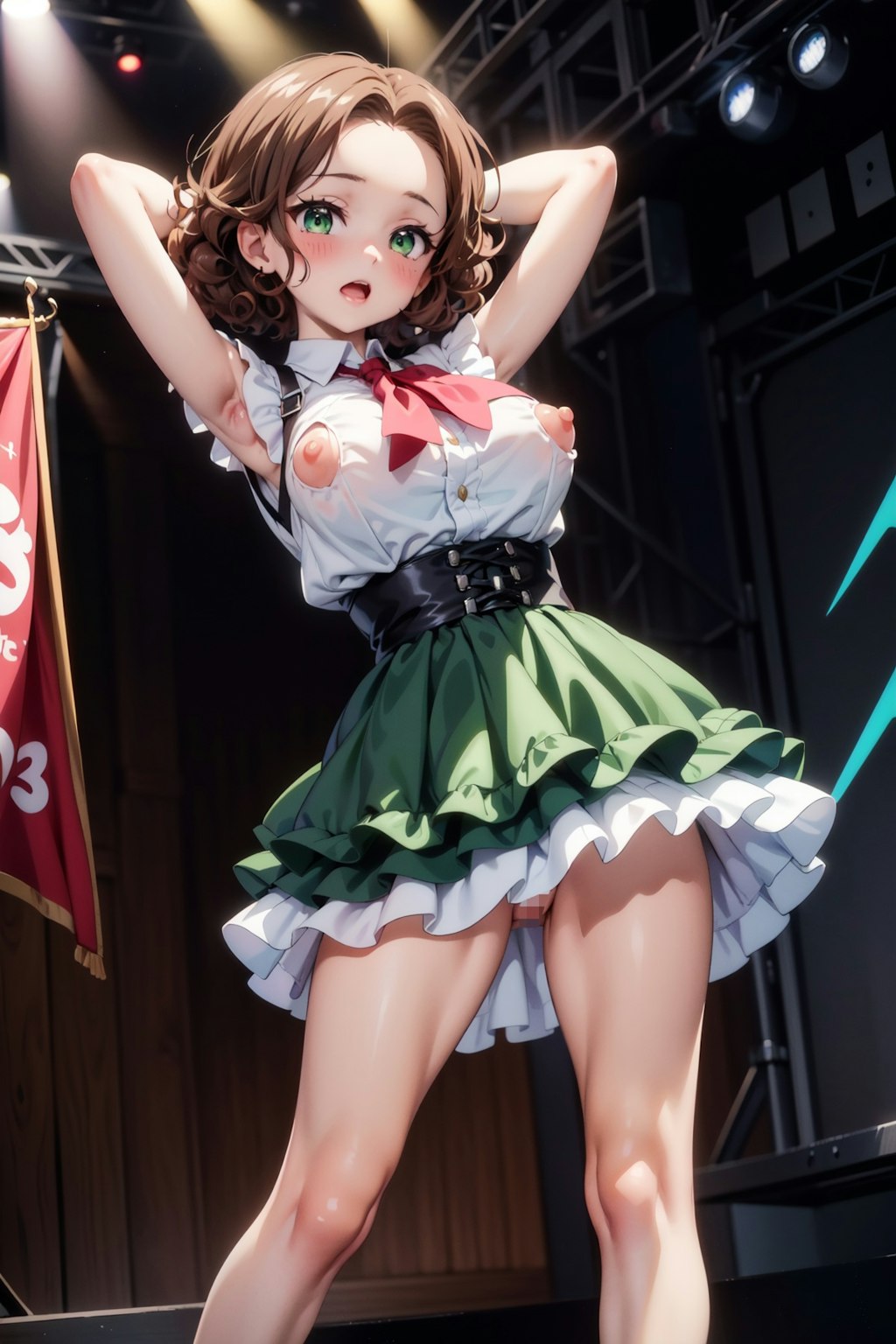 デコ出し茶髪娘がアイドルっぽい衣装でいろいろポロリ