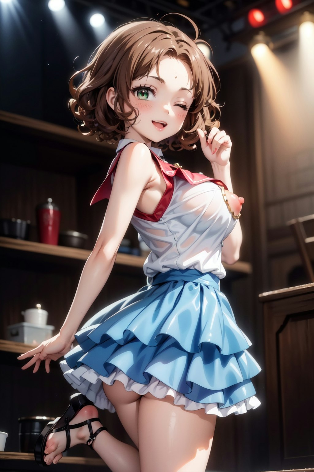 デコ出し茶髪娘がアイドルっぽい衣装でいろいろポロリ