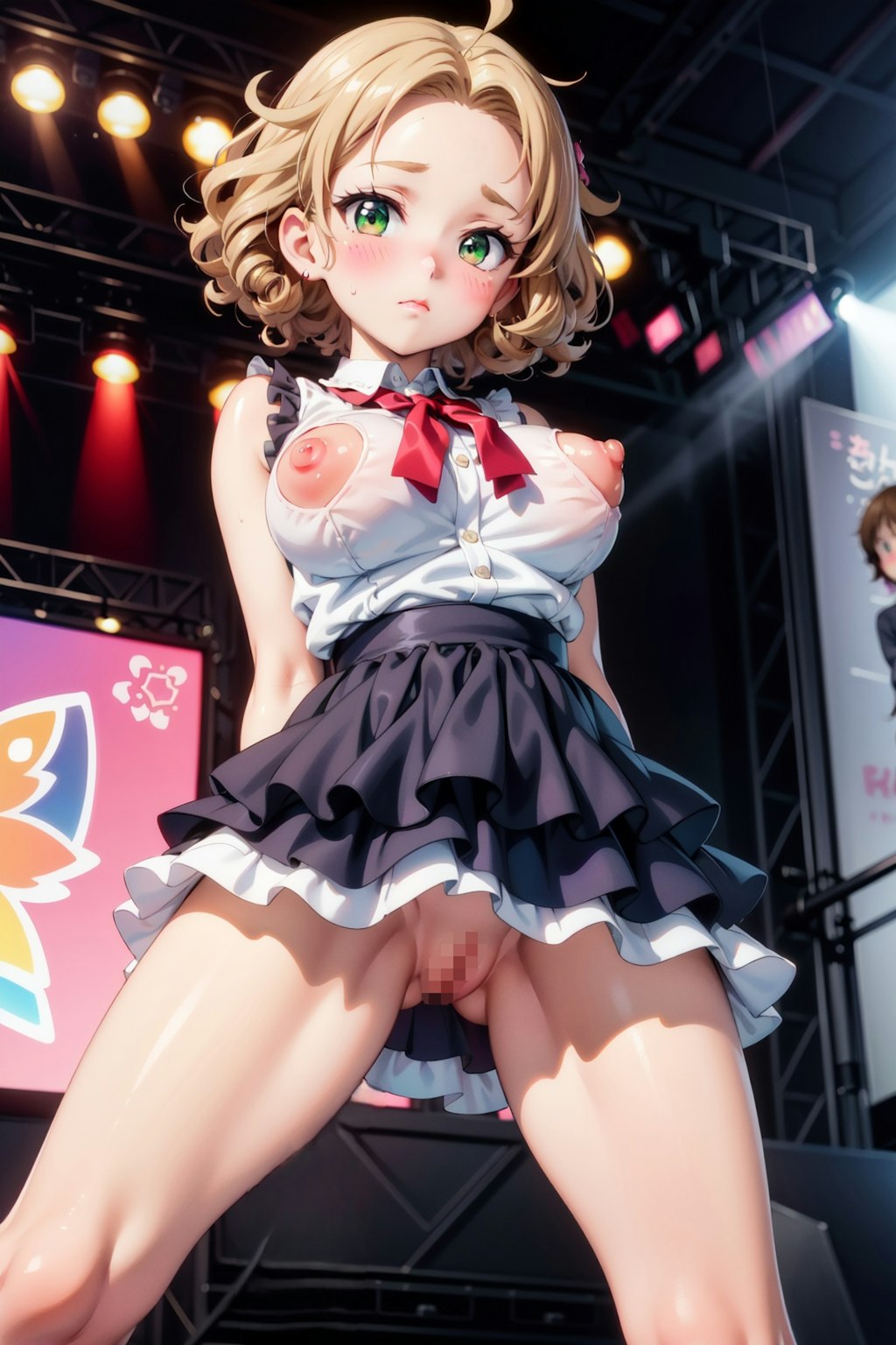デコ出し茶髪娘がアイドルっぽい衣装でいろいろポロリ