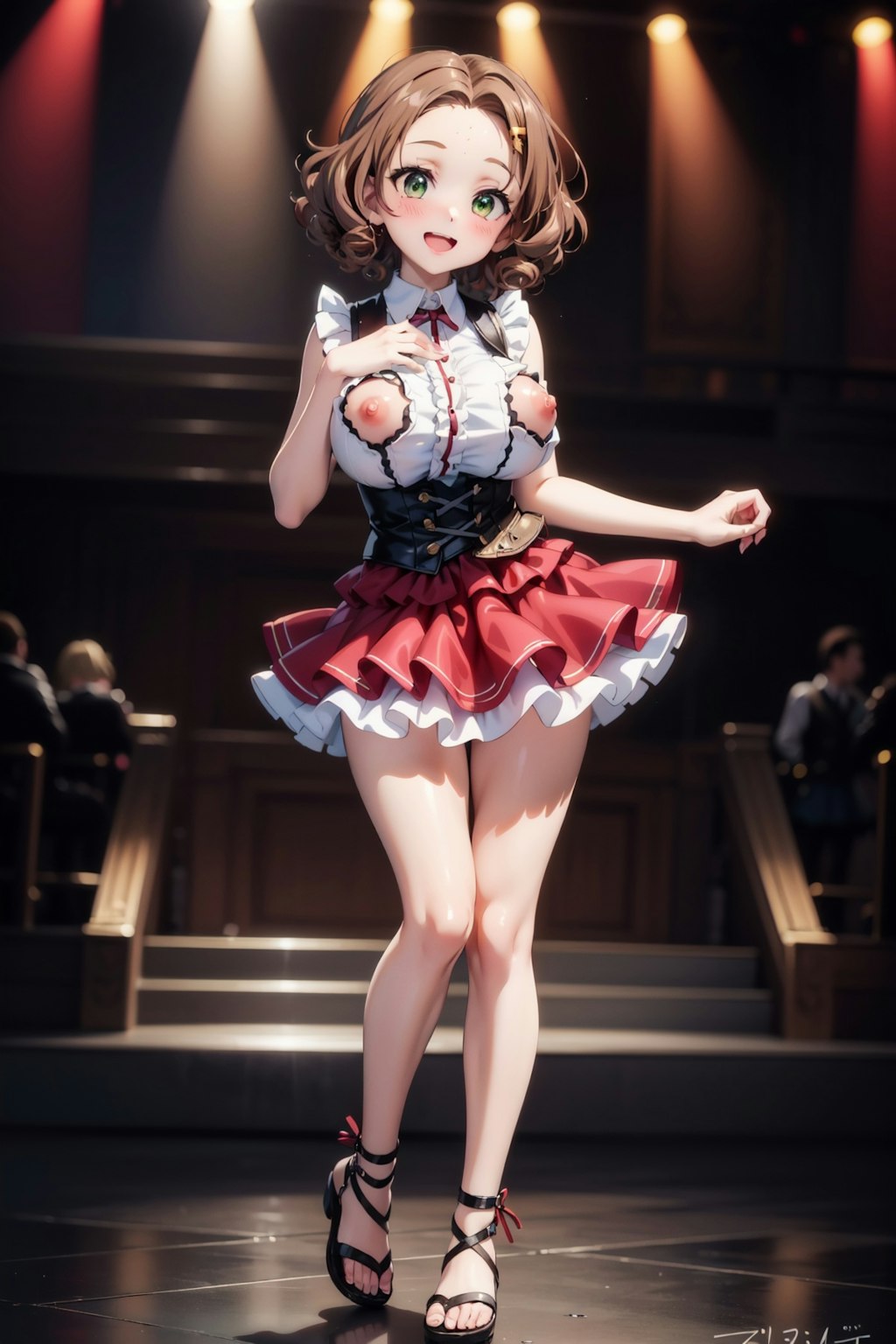 デコ出し茶髪娘がアイドルっぽい衣装でいろいろポロリ