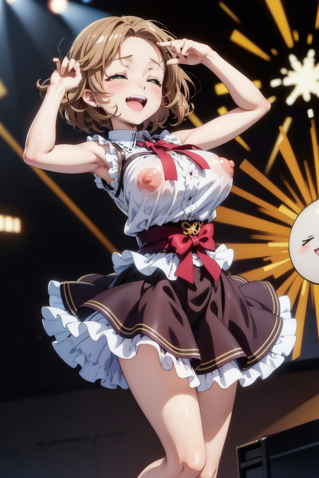 デコ出し茶髪娘がアイドルっぽい衣装でいろいろポロリ