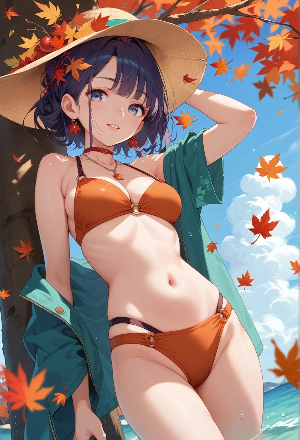 紅葉と水着