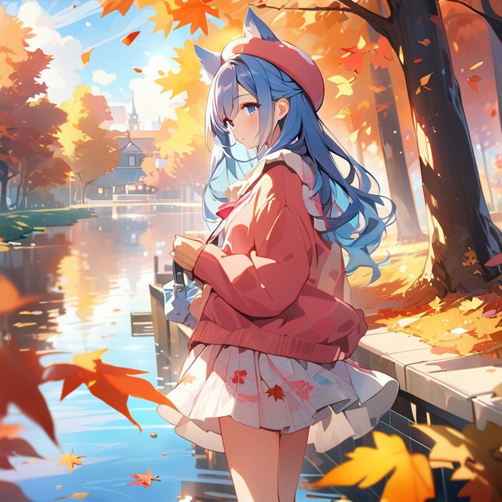 紅葉の池に佇むケモ耳少女