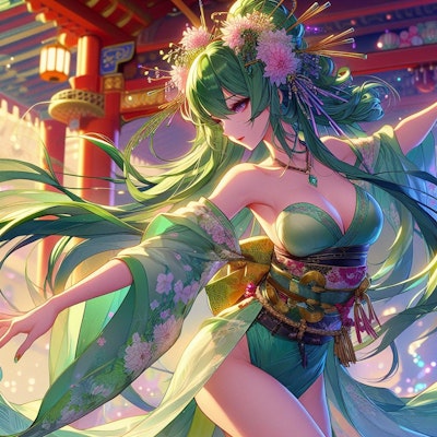 振袖風レオタードを着た緑髪美女ダンサー3 (5枚)