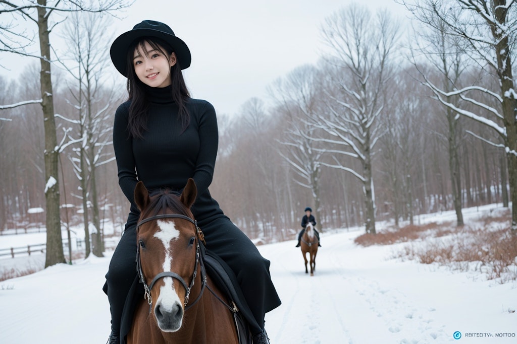 黒髪の馬と女性