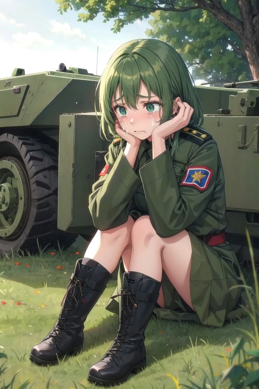 泣いている軍服少女