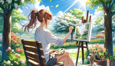 公園で絵を描いている茶髪ポニーテールの女性