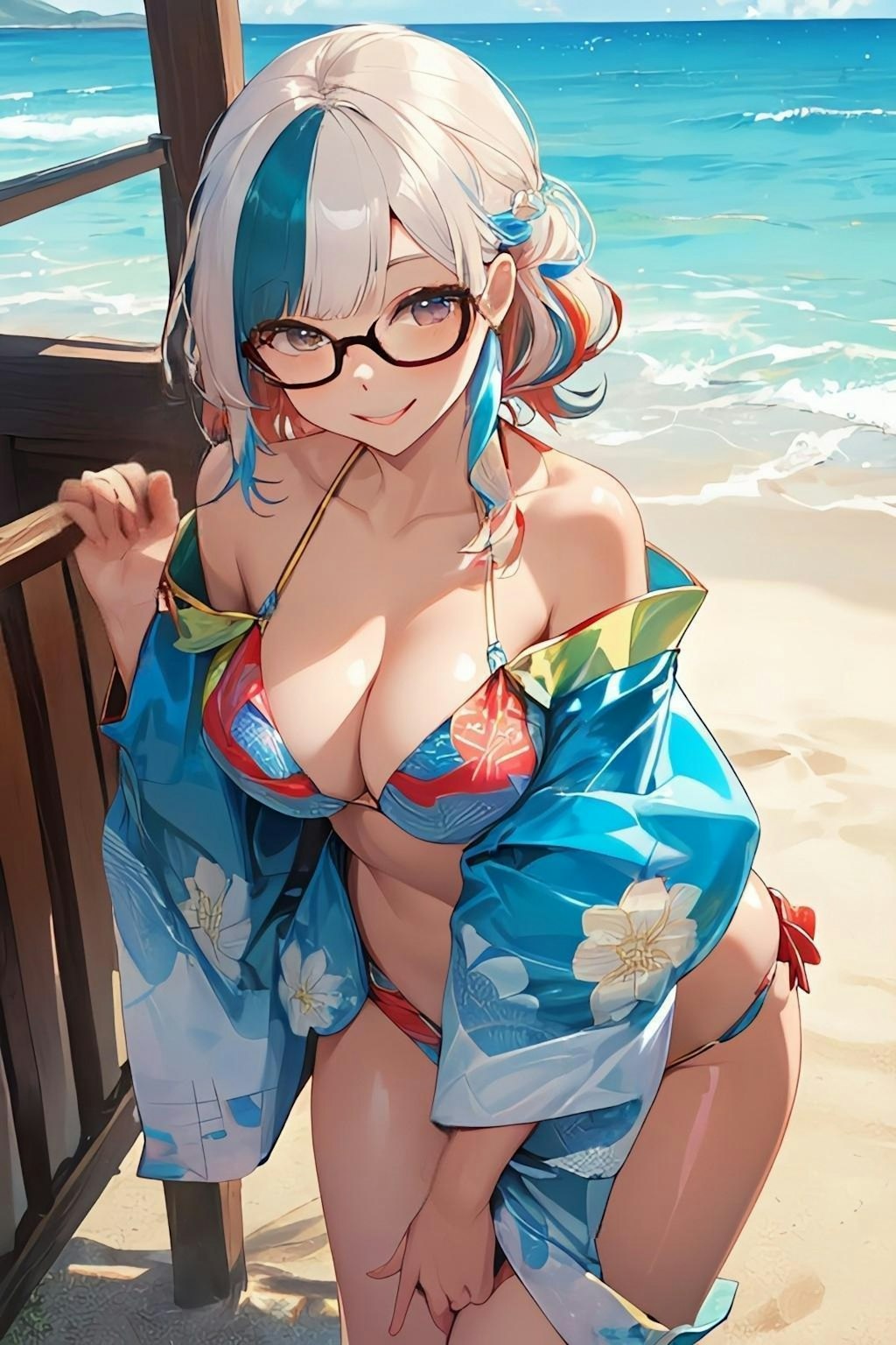 和柄ビキニのお姉さん👘👙