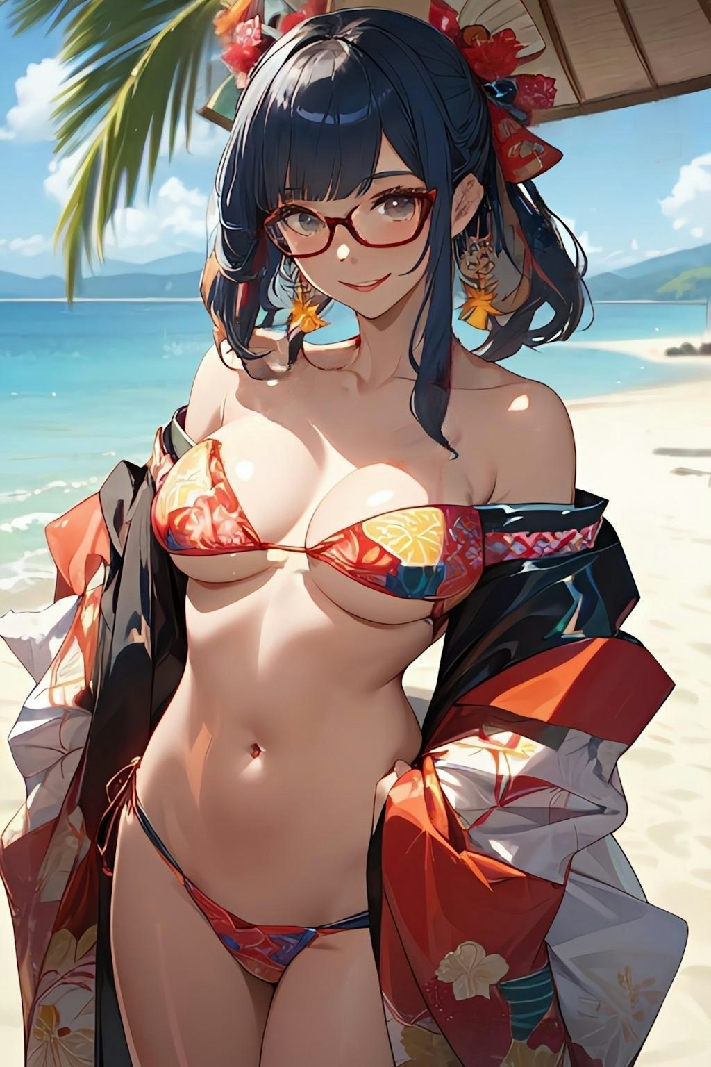 和柄ビキニのお姉さん👘👙