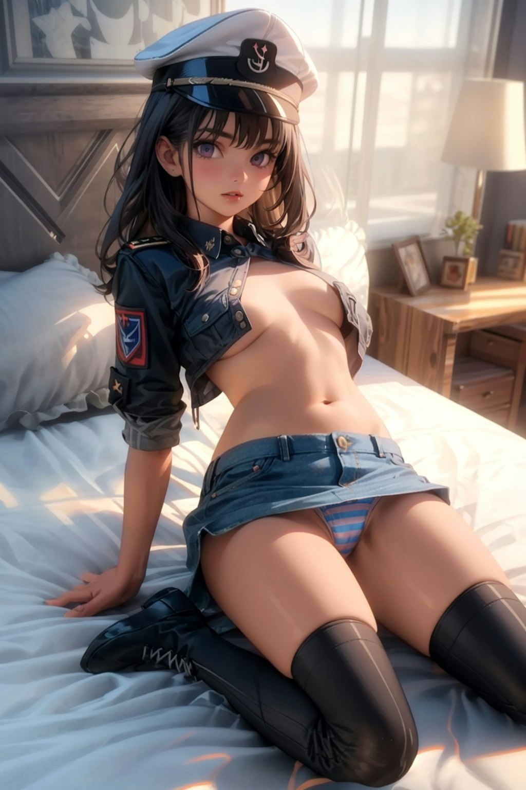 縞パンニーハイ貧乳軍服少女