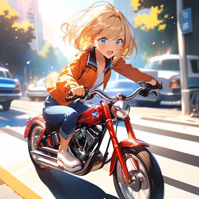 アメリカンバイクに乗っている元気溢れる女の子 | の人気AIイラスト・グラビア