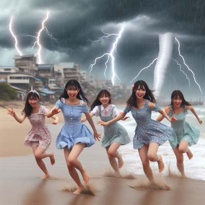 【謎画像】悪天候でも海で遊びたい女の子たち