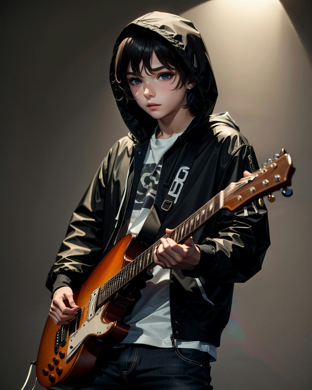 ギターを持っているパーカー少年