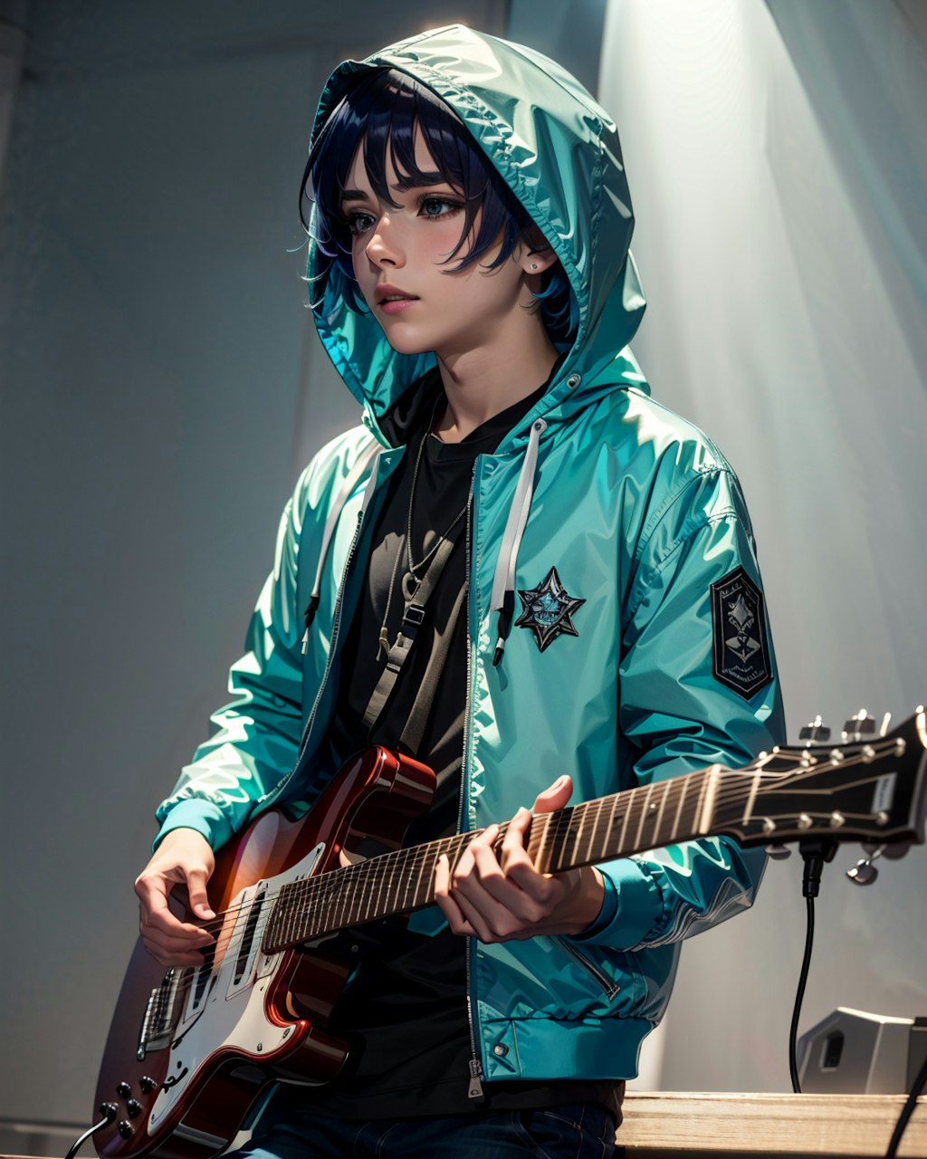 ギターを持っているパーカー少年