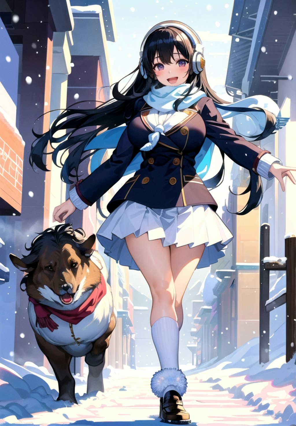 雪道を犬と散歩