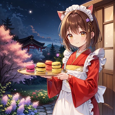 夜桜を楽しむ花見でマカロンを持って来てくれる喫茶店で働く猫娘