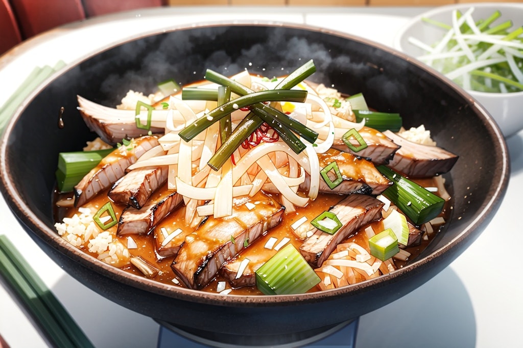 これニンニクとネギだく牛丼やない。脂身の少ない豚肉にチーズとネギをトッピングした豚丼や！