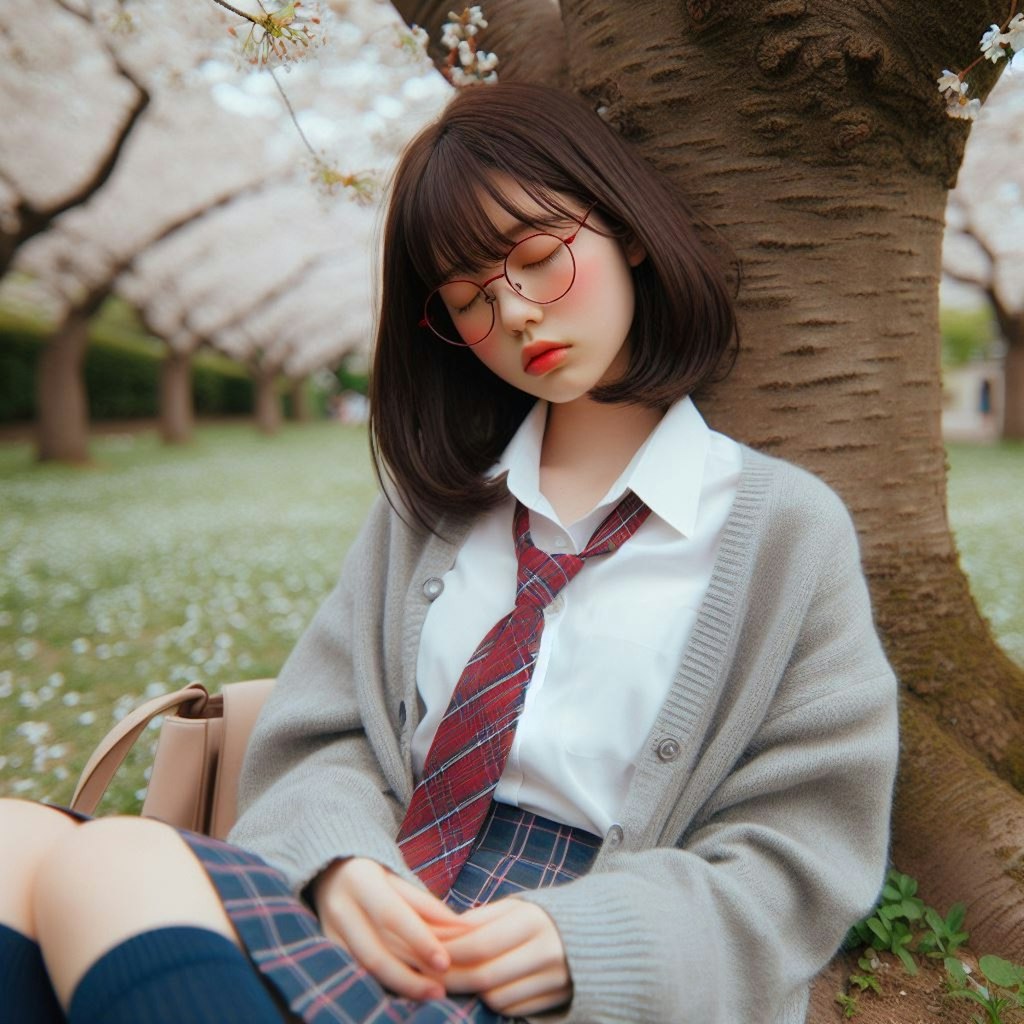 眼鏡女子 楓の桜の木の下で