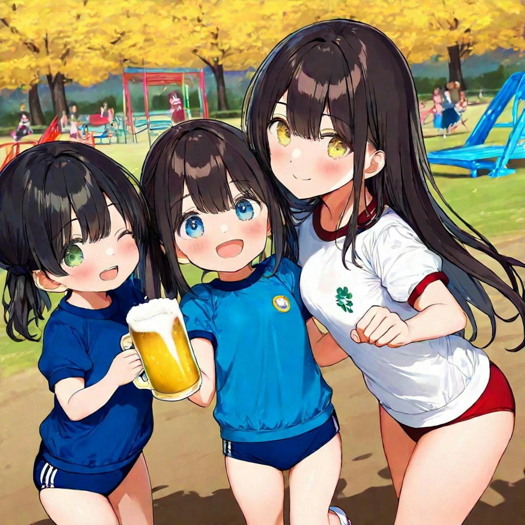 運動会でビールかけして優勝を祝う小さな女の子たち