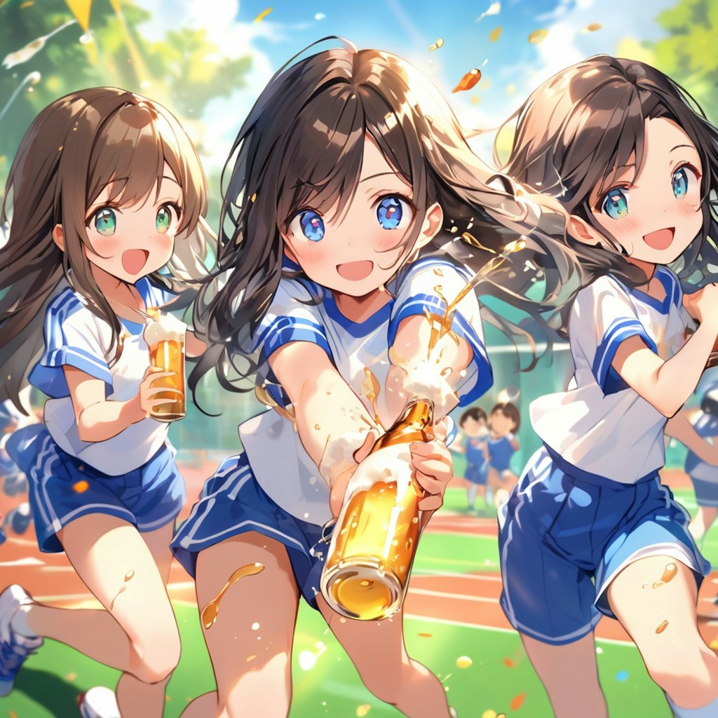 運動会でビールかけして優勝を祝う小さな女の子たち