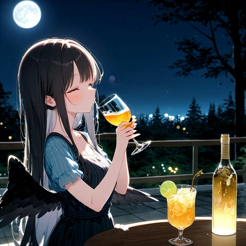 夜酒を楽しむ黒翼の乙女