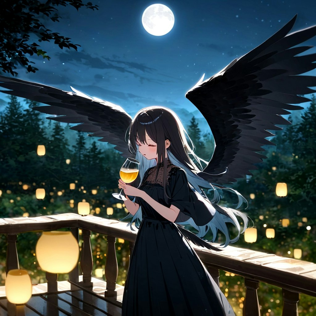 夜酒を楽しむ黒翼の乙女