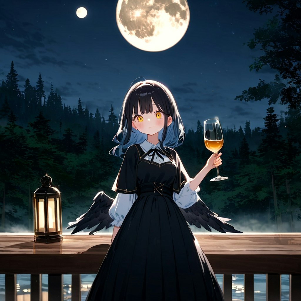 夜酒を楽しむ黒翼の乙女