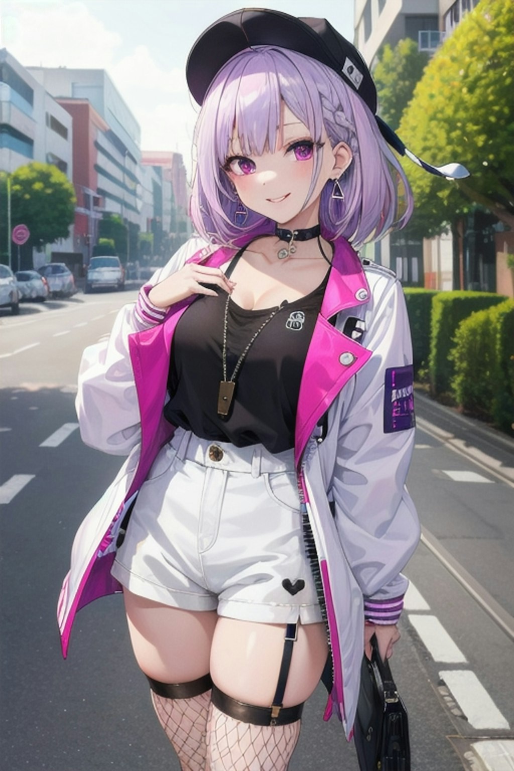 ストリートファッションの紫髪ギャル
