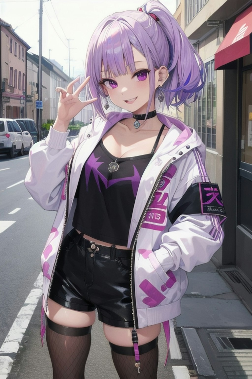ストリートファッションの紫髪ギャル
