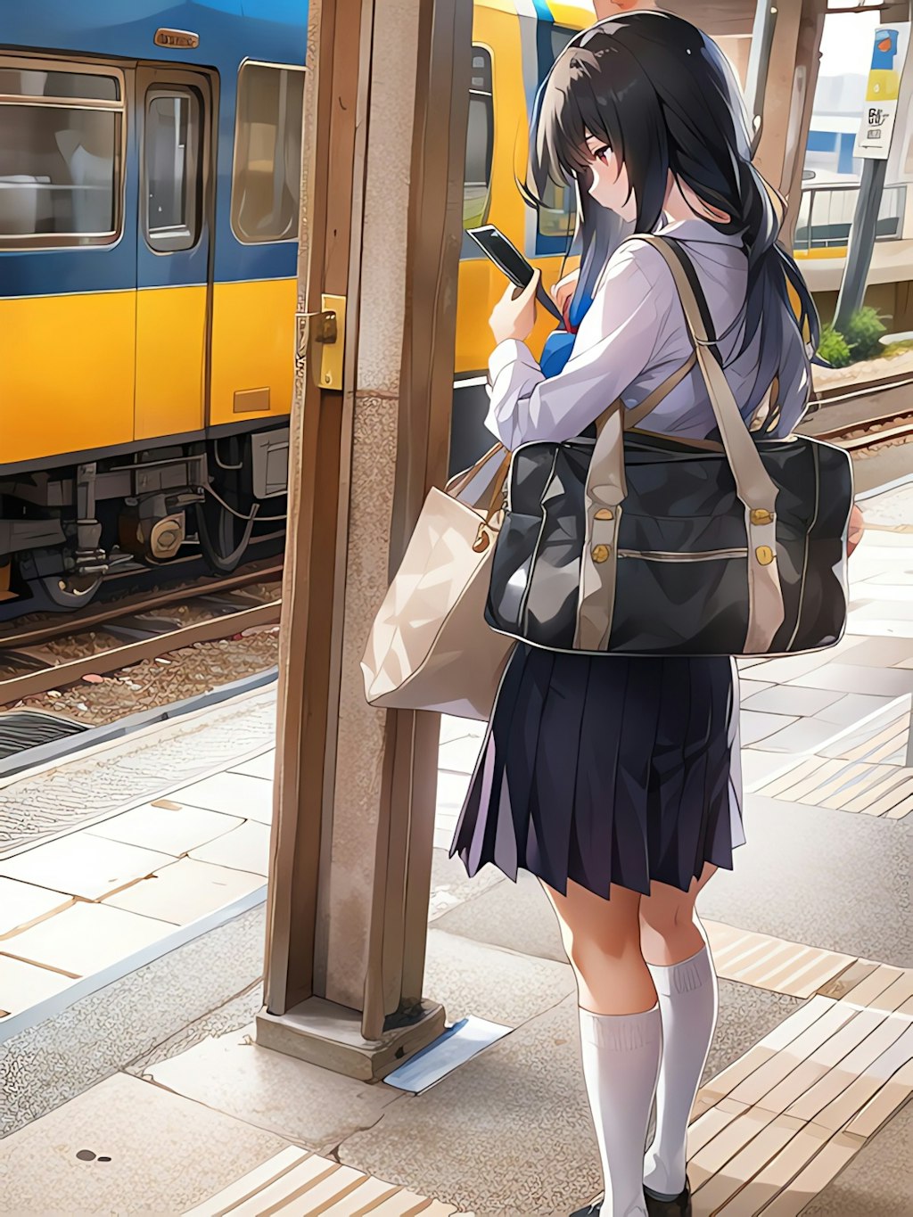 ホームで電車を待ってる女子高生！