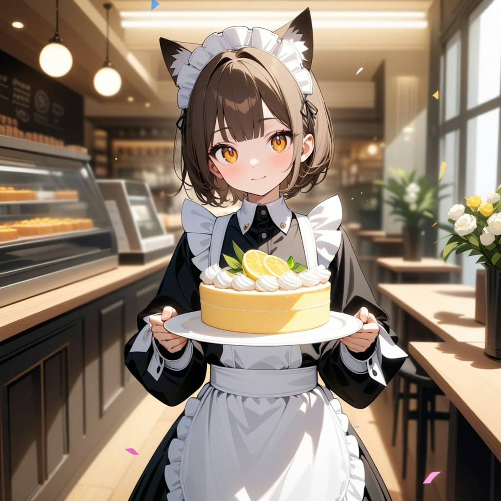 檸檬ケーキを運ぶ喫茶店で働く猫娘