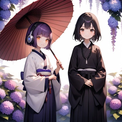 紫陽花と傘を持つヘッドフォン華憐嬢と僧侶
