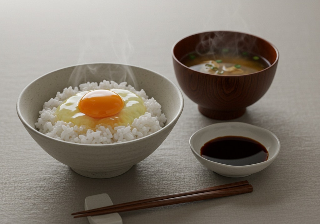 深夜食堂朝食の部は卵御飯と味噌汁のセット