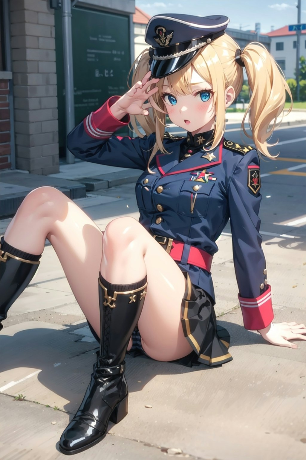 外で座る軍服少女